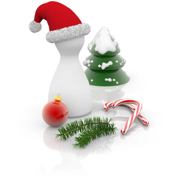 Peón con sombrero de santa, ramita de abeto, adorno de Navidad y pino —  Fotos de Stock