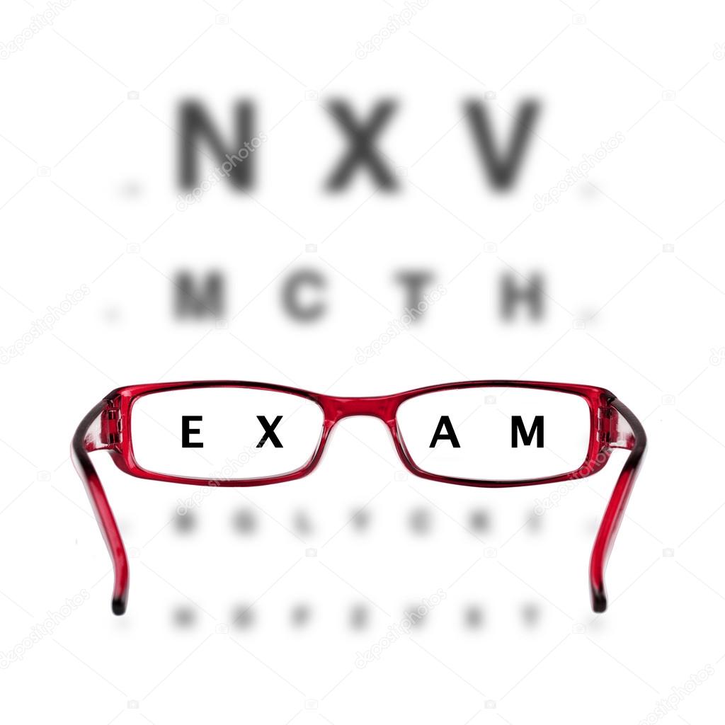 Red eyeglasses and eyechart on white background