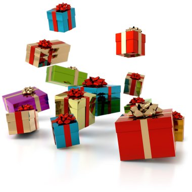 Beyaz zemin üzerine düşen renkli hediyeler yığını