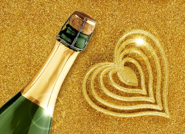 Champagne and heart-shaped decoration on glitter gold background — Stock Photo, Image