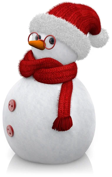 Boneco de neve com óculos e chapéu de Papai Noel no fundo branco — Fotografia de Stock