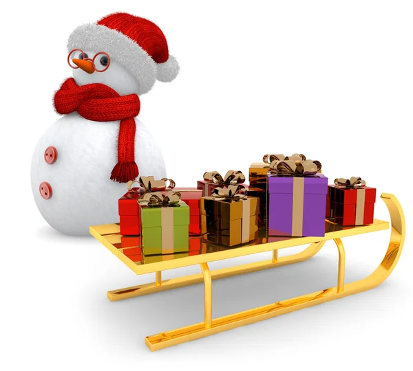Snowman and golden sled on white background — Stock Photo, Image