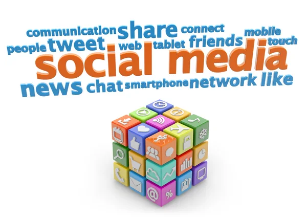 Social media keywords and colorful cube on white background — Stock Photo, Image