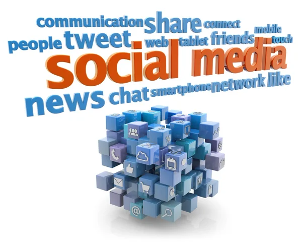 Social media keywords and blue cube on white background — Stock Photo, Image