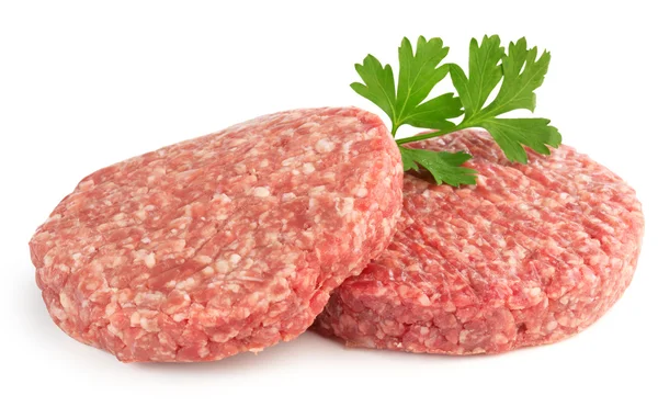 Hamburger köftesi ve beyaz arka plan üzerinde izole maydanoz