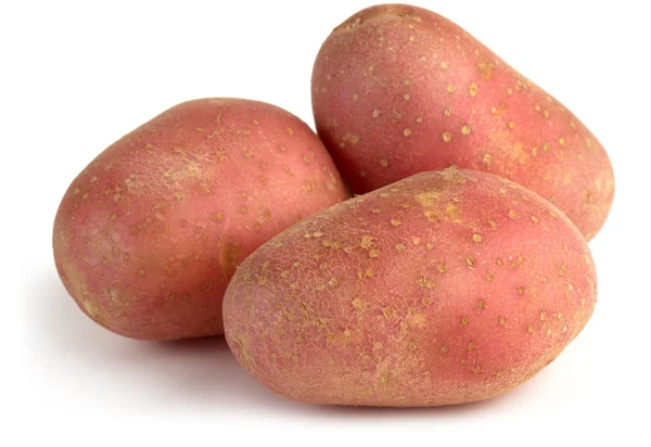 Три красных картофеля на белом фоне — стоковое фото