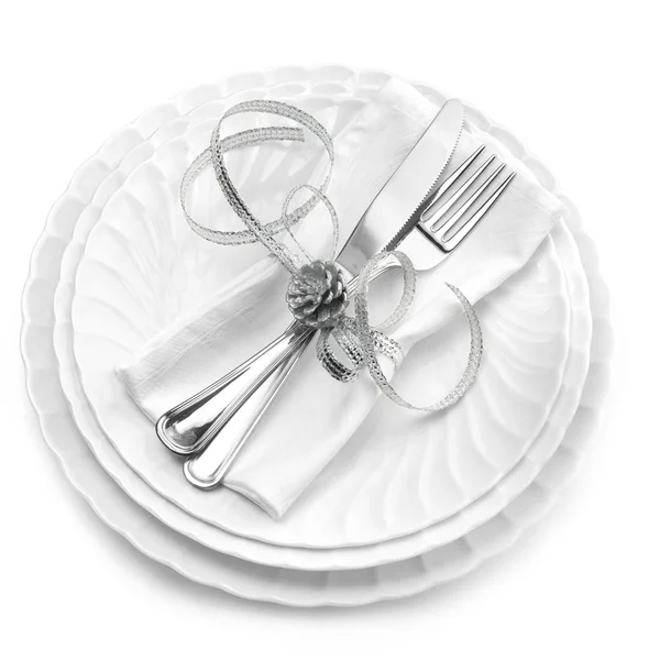 Dishes, cutlery and napkin isolated on white background — Stock Photo, Image