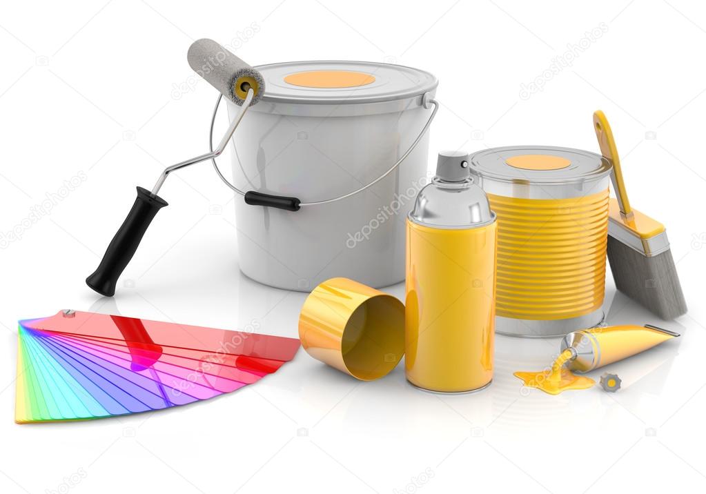 Paint cans, color palette, paintbrush and spray paint