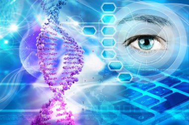 DNA helix and human eye in abstract blue background clipart
