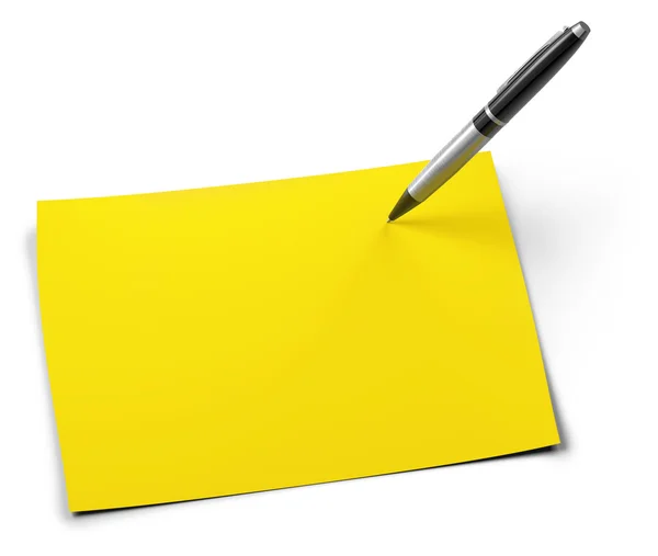 Pen and yellow sheet isolated on white background — Stock Photo, Image