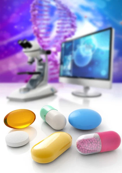 Assortiment van pillen, Microscoop en computer op de achtergrond wazig — Stockfoto