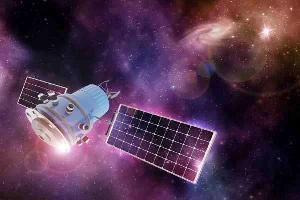 Orbiting device in a purple-blue starry space — Stock Photo, Image