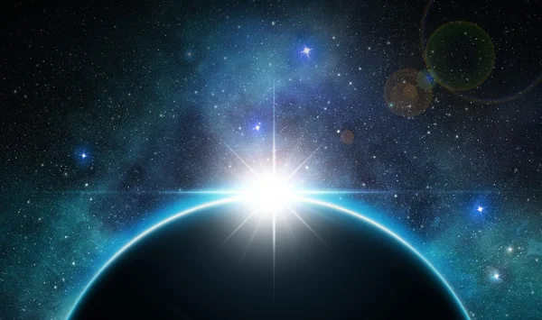Zonsopgang boven de planeet in kosmische ruimte — Stockfoto
