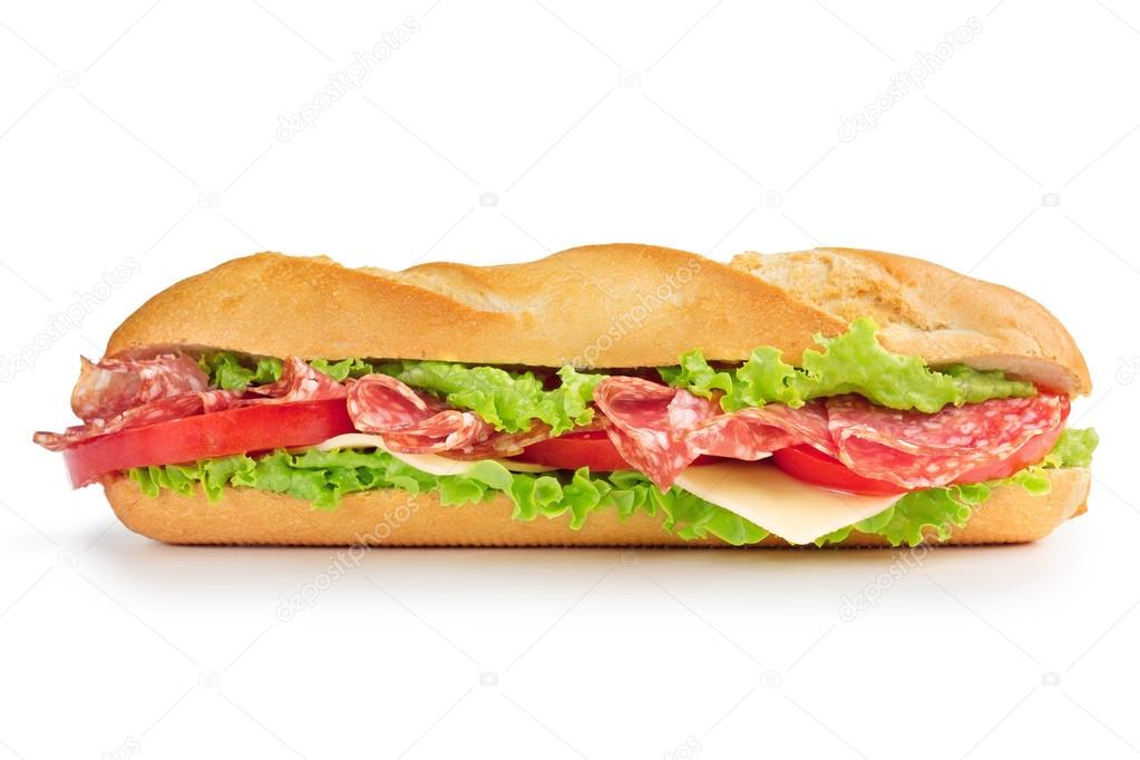 Sandwich with salami cheese, tomato and lettuce — Stock Photo