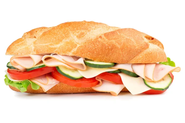 Delizioso panino al prosciutto isolato su sfondo bianco — Foto Stock