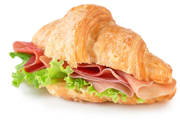 Croissant with parma ham and lettuce isolated on white — Stock Photo, Image
