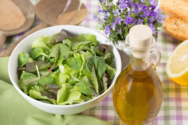 Bol de ensalada verde, aceite de oliva y limón —  Fotos de Stock