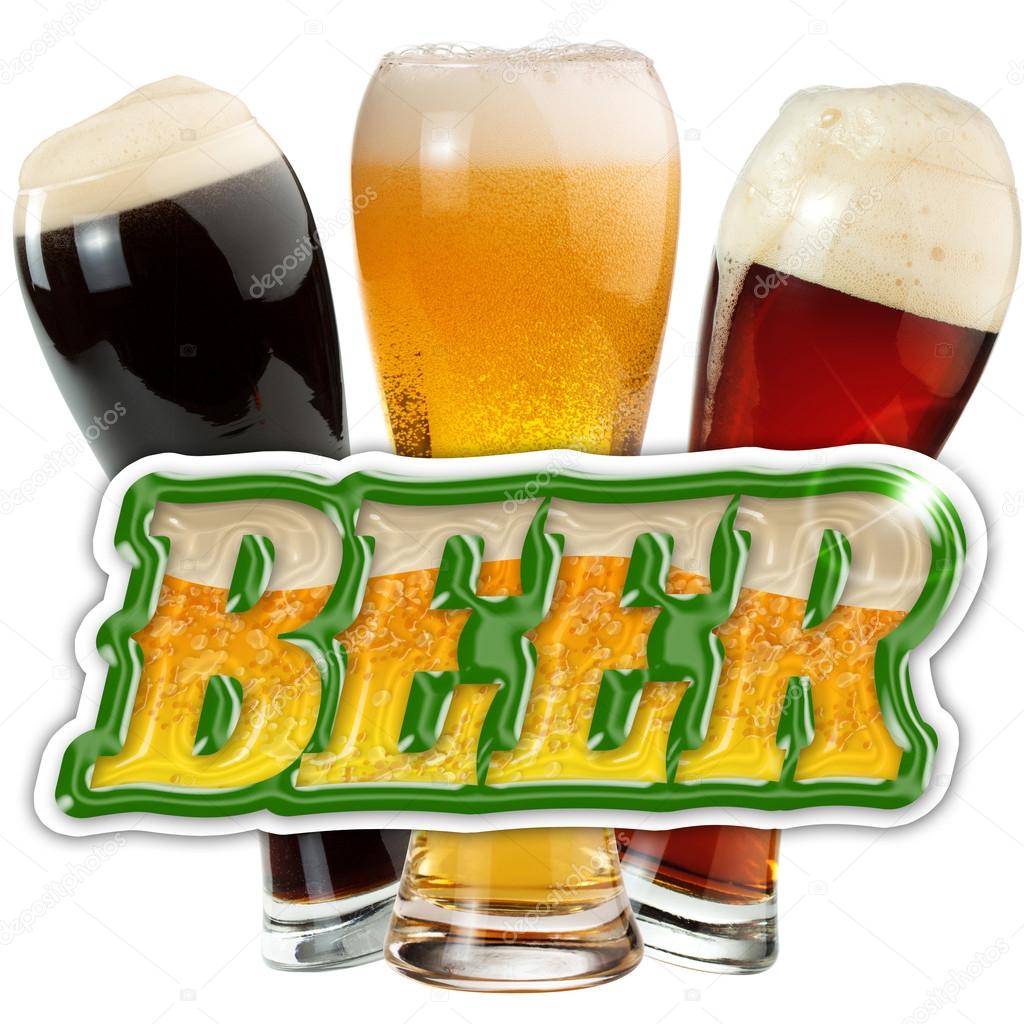 Pints of beer and sticker isolated on white background