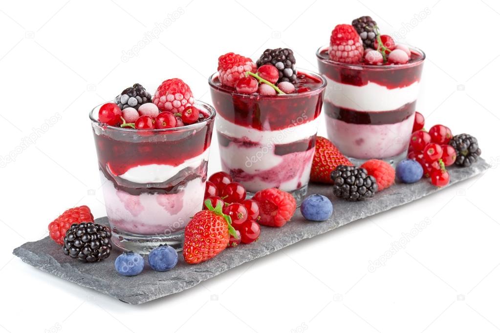 Dessert parfait with berries isolated on white