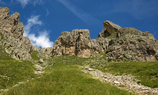 Vista de formaciones rocosas en un prado alpino — Foto de Stock