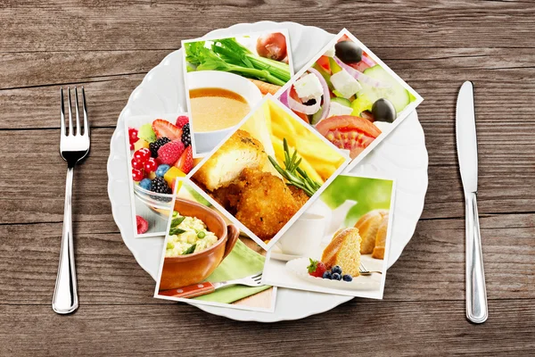 Фотографии еды в тарелке, вилке и ноже — стоковое фото