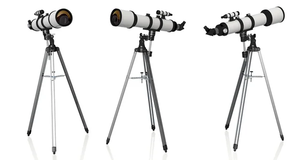 Três telescópios sobre tripé isolado sobre fundo branco — Fotografia de Stock