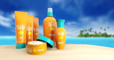 set of sunscreen in a tropical beach clipart