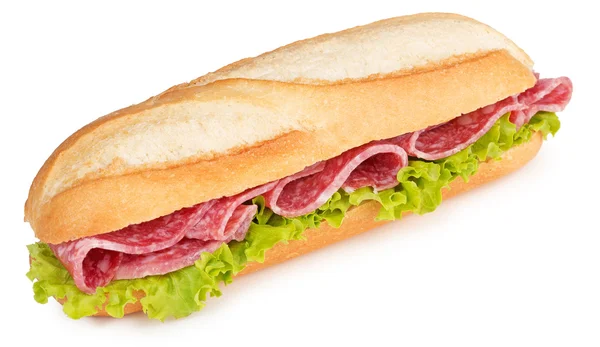 白で隔離サラミとレタスのサンドイッチ — ストック写真
