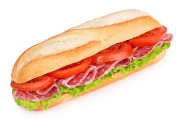 Salam ve domatesli sandviç üzerine beyaz izole