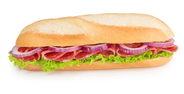 Salami och lök smörgås isolerad på vit — Stockfoto
