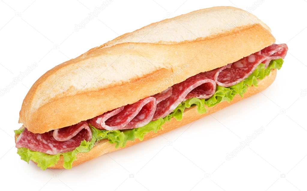 salami and lettuce sub isolated on white