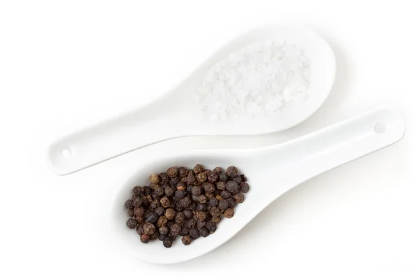 Pair of chinese spoon with salt and pepper — Stock Photo, Image