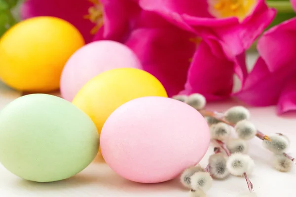 Huevos de Pascua y flores de primavera — Foto de Stock
