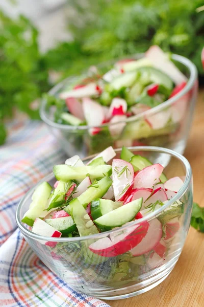 Salade végétarienne aux radis, concombres et huile d'olive — Photo