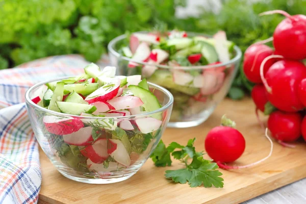Вегетарианский салат с редиской, огурцами и оливковым маслом — стоковое фото