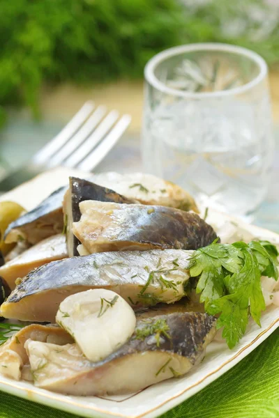 Ringa balığı filetosu ve bardak votka — Stok fotoğraf