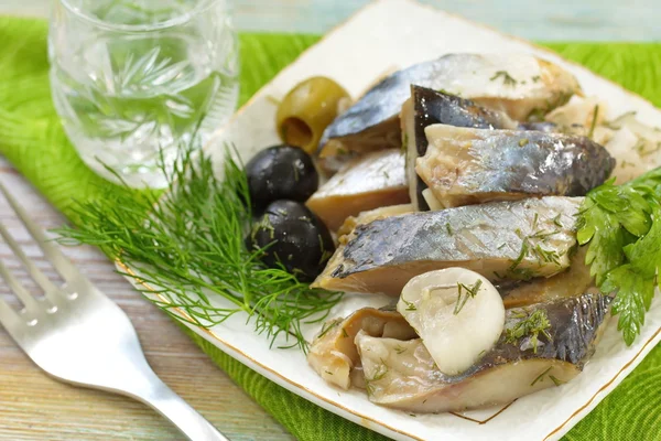 Herring fillet and glass of vodka — Stock Photo, Image