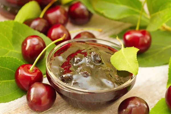 Cherry jam in a glass bowl — Stock Photo, Image