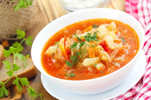 Traditional Russian Ukrainian vegetable borscht soup — Stock Photo, Image