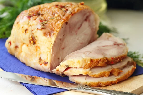 Sliced baked meat with spices and dill — Stock Photo, Image