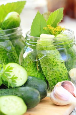 Ev yapımı turşu kavanozu. Konserve salatalık turşusu.