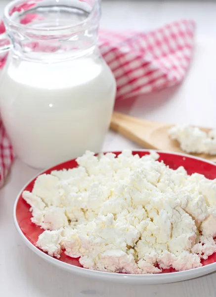 Fresh cottage cheese and milk — Stock Photo, Image