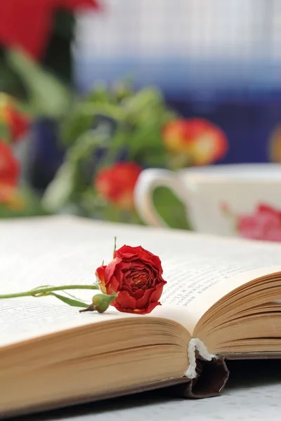 Bodegón con té, libros y rosas — Foto de Stock