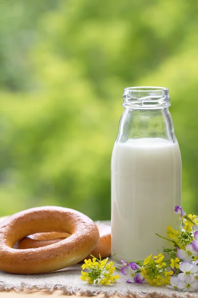 Bottle of milk and bagels in summer time — Stock Photo, Image