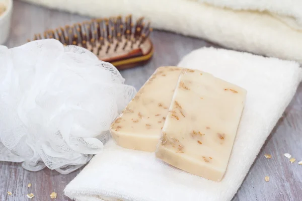 Soap with oat scrub and milk Stock Photo