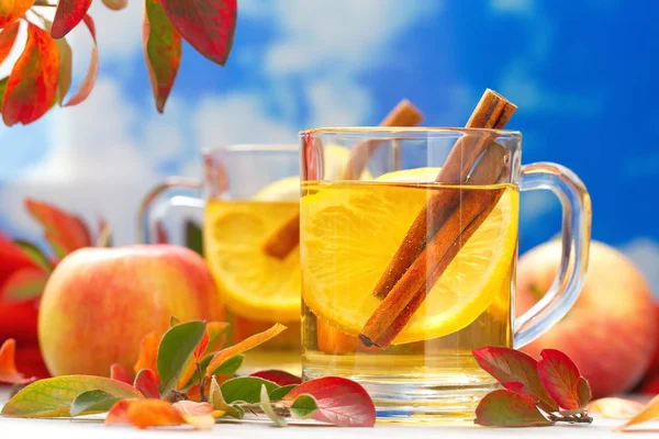 Horký nápoj jablečný džus, citron a skořicí v podzimní dekorace — Stock fotografie