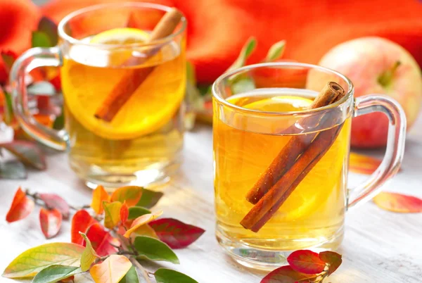 Horký nápoj jablečný džus, citron a skořice na podzim — Stock fotografie