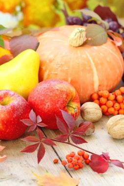 Autumn still life with assorted fruit, vegetables, berries and nuts
