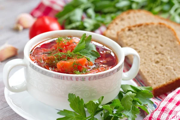 Traditional Russian Ukrainian vegetable borscht soup — Stock Photo, Image
