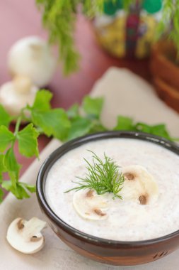 Vegan gıda. Kremalı mantar çorbası.